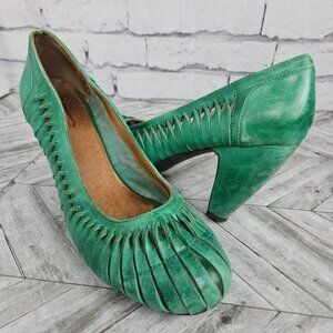 Miz Mooz Sachi Vintage Green Leather Cone Heels Womens 10 Shoes Pumps Stylish